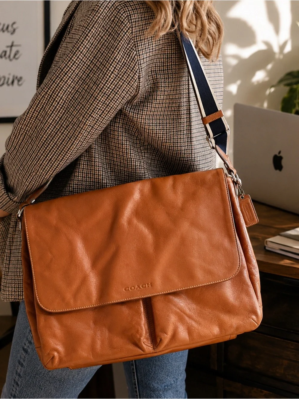 COACH Cognac Leather Messenger Bag with Navy-Striped Strap